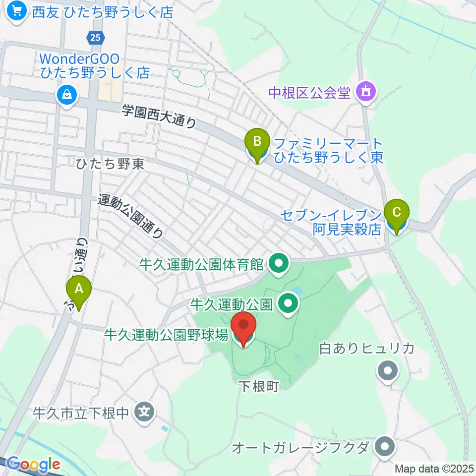 牛久運動公園野球場周辺のコンビニエンスストア一覧地図
