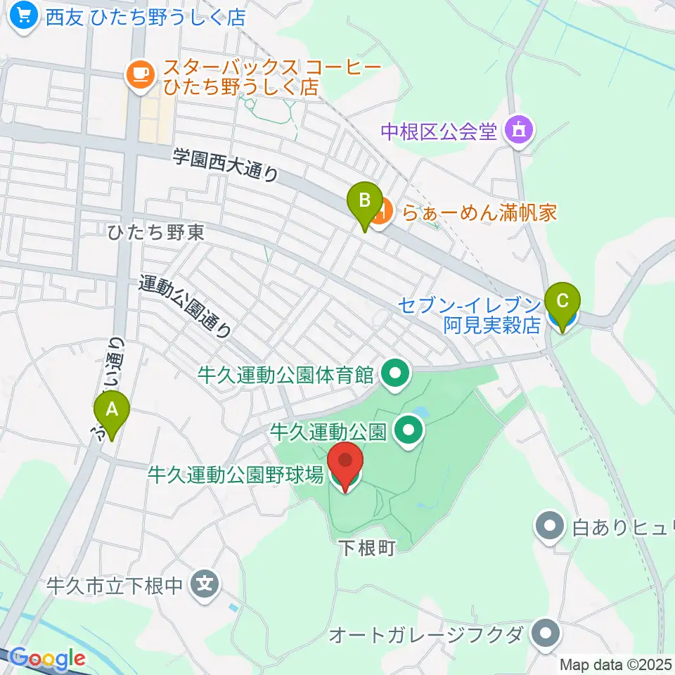 牛久運動公園野球場周辺のコンビニエンスストア一覧地図
