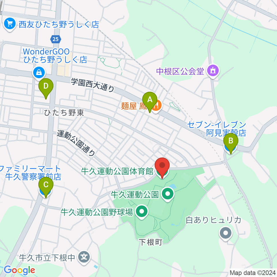 牛久運動公園体育館周辺のコンビニエンスストア一覧地図