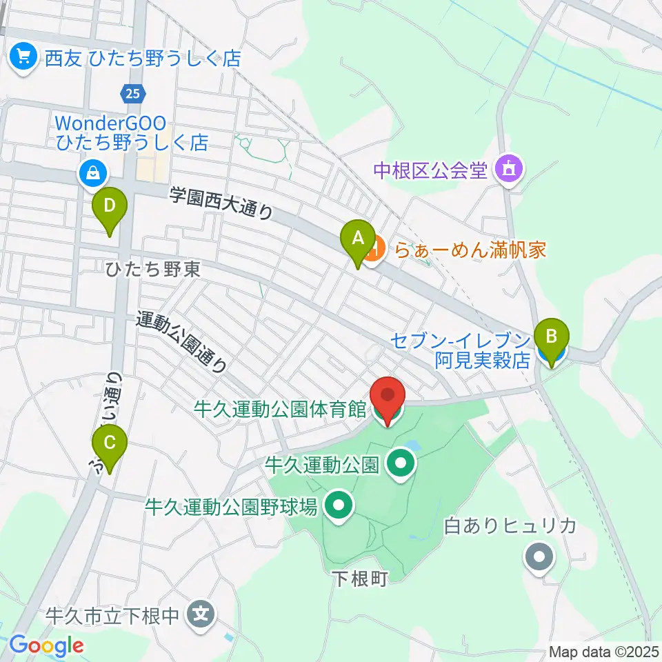 牛久運動公園体育館周辺のコンビニエンスストア一覧地図
