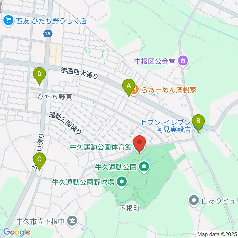 牛久運動公園体育館周辺のコンビニエンスストア一覧地図