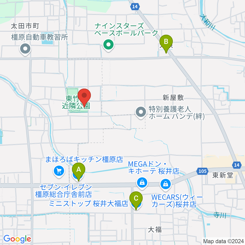 橿原市ひがしたけだドーム周辺のコンビニエンスストア一覧地図