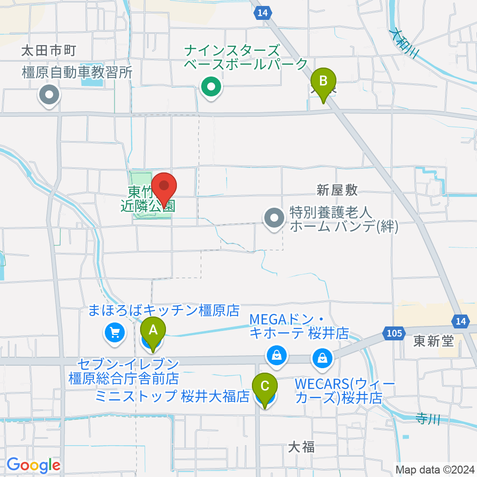 橿原市ひがしたけだドーム周辺のコンビニエンスストア一覧地図