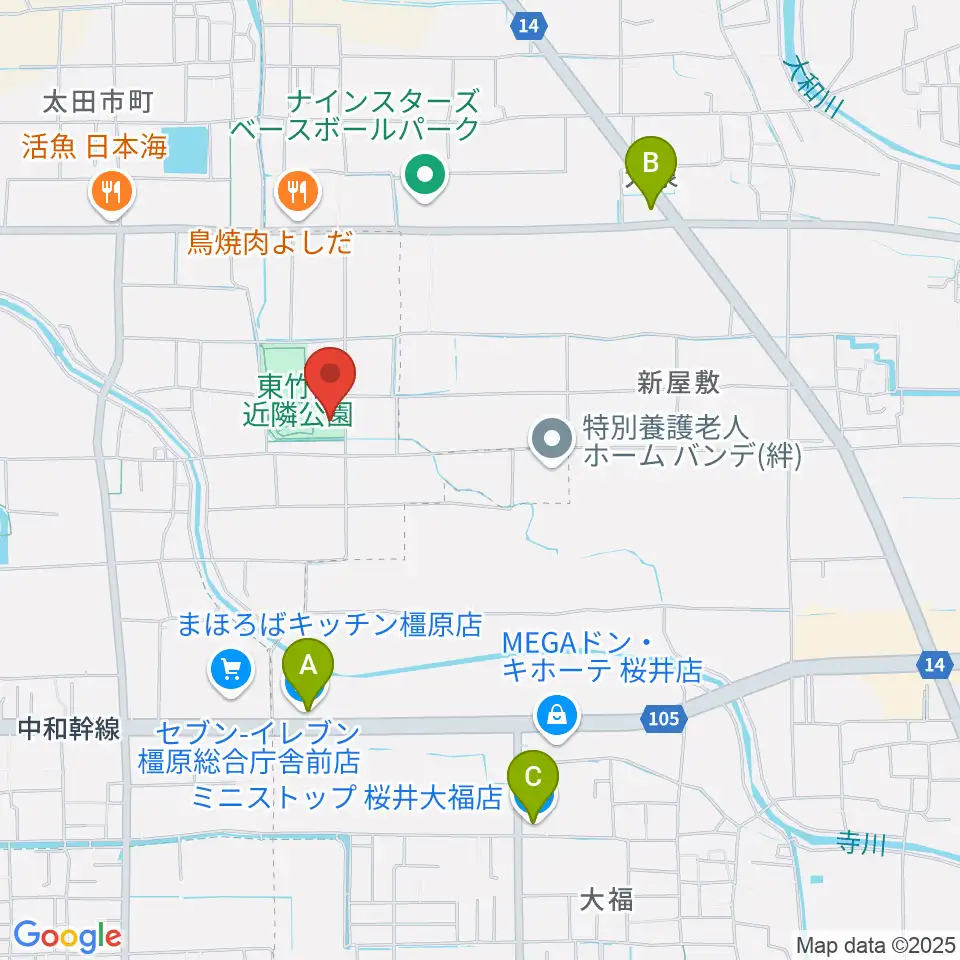 橿原市ひがしたけだドーム周辺のコンビニエンスストア一覧地図