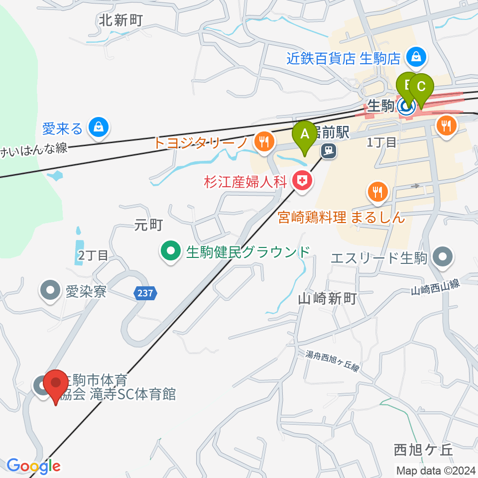 生駒市体育協会滝寺S.C.体育館周辺のコンビニエンスストア一覧地図