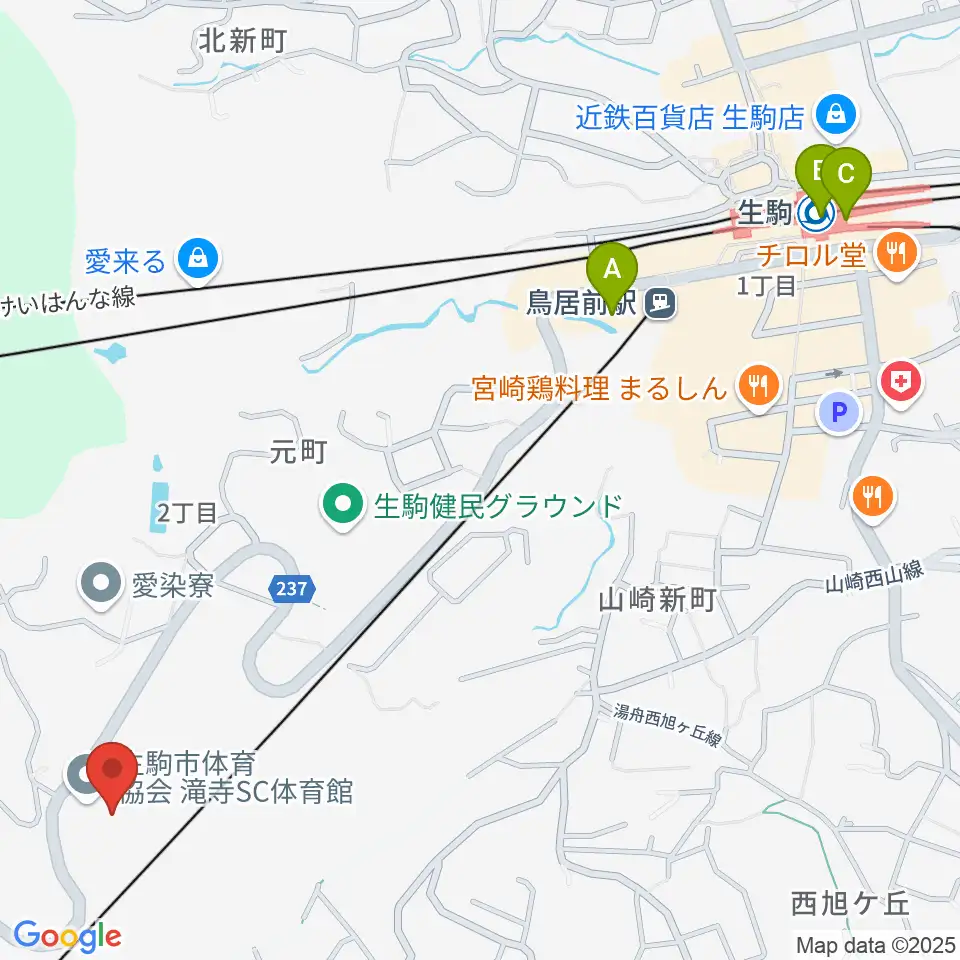 生駒市体育協会滝寺S.C.体育館周辺のコンビニエンスストア一覧地図