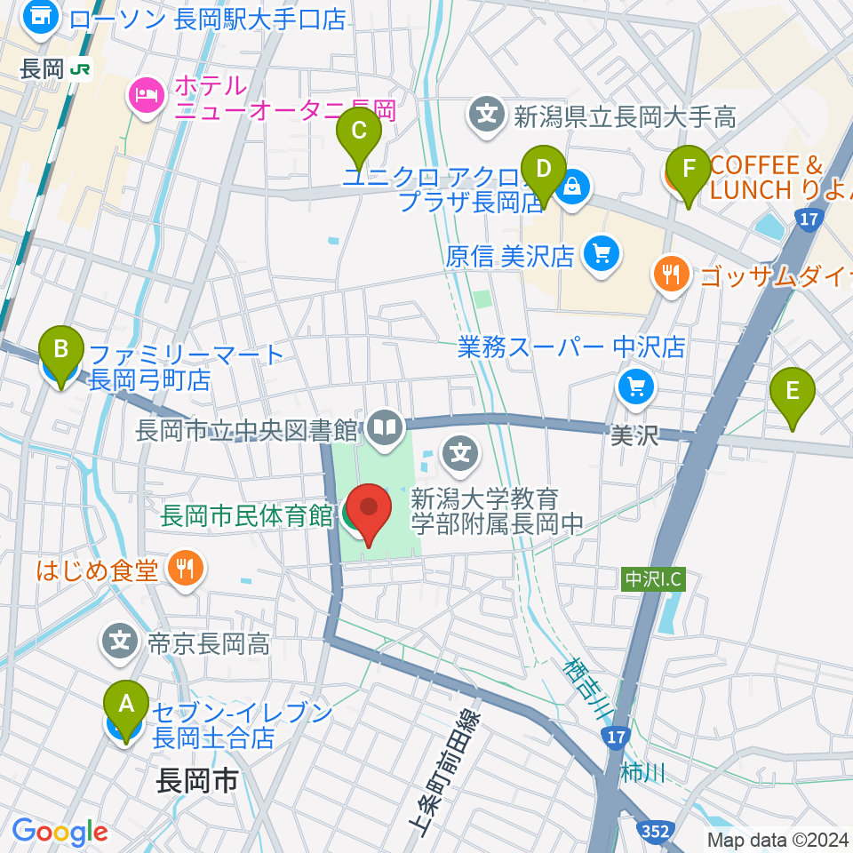 長岡市市民体育館周辺のコンビニエンスストア一覧地図