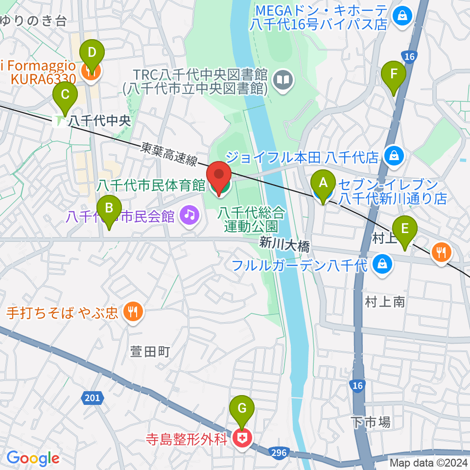 八千代市市民体育館周辺のコンビニエンスストア一覧地図