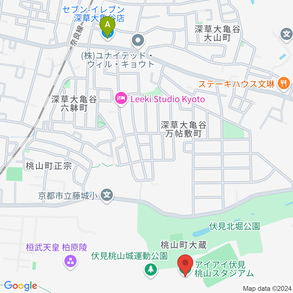 アイアイ伏見桃山スタジアム周辺のコンビニエンスストア一覧地図