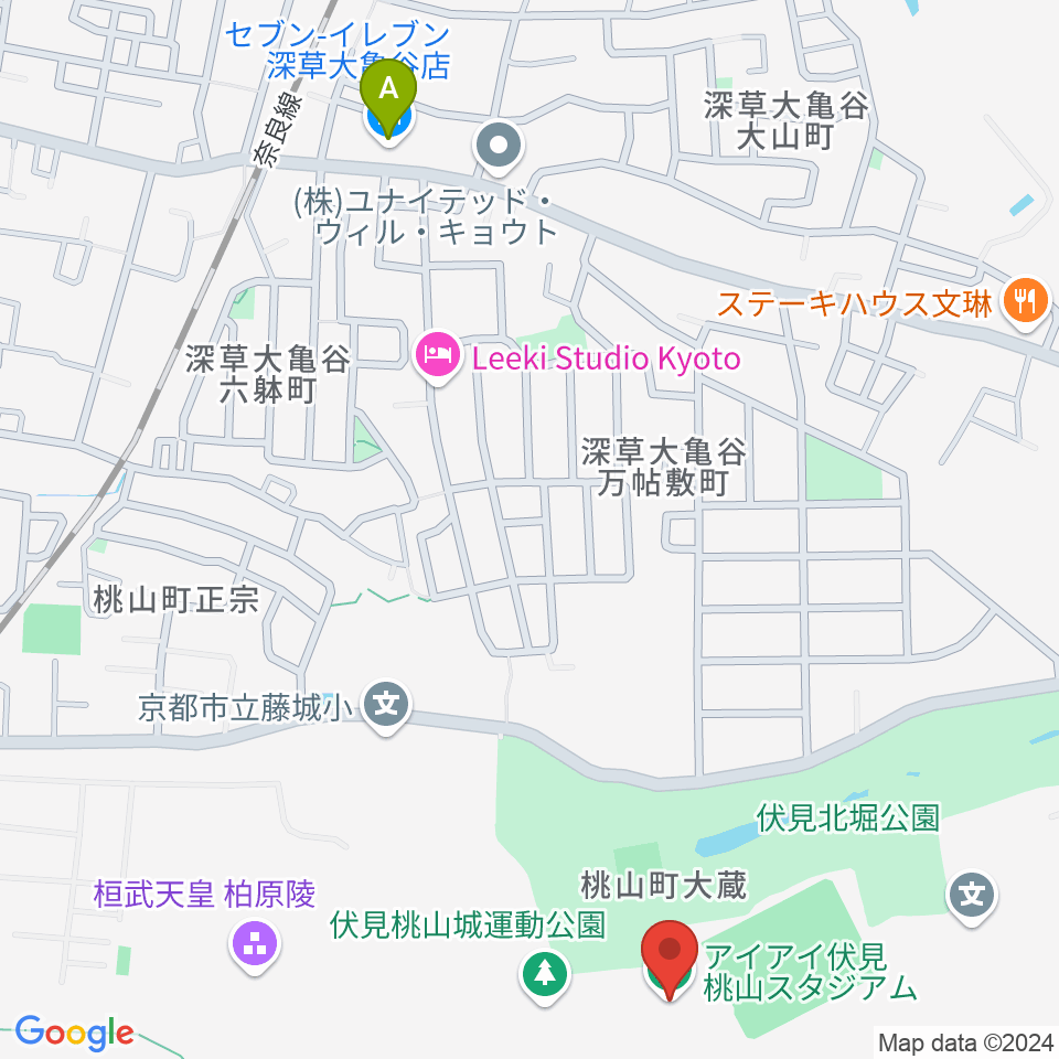 アイアイ伏見桃山スタジアム周辺のコンビニエンスストア一覧地図