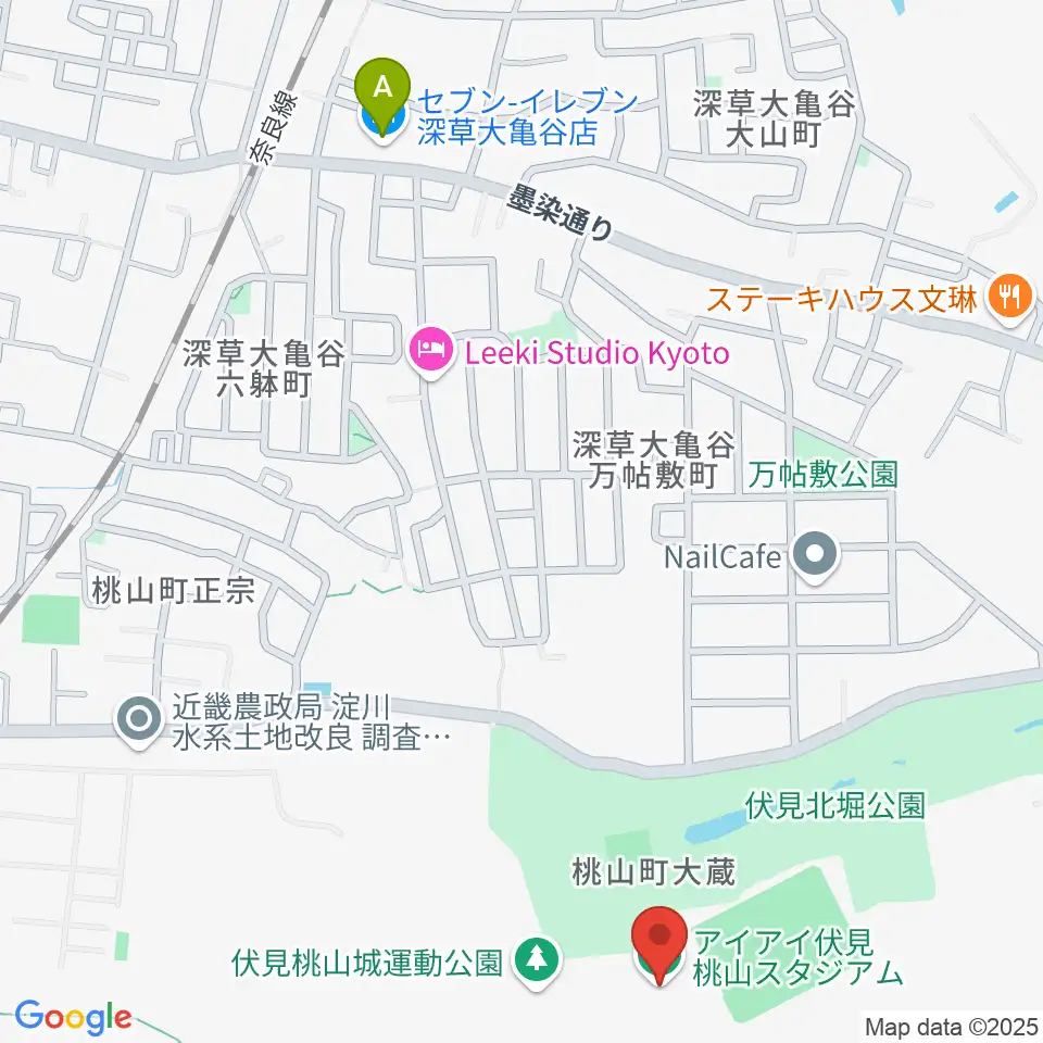 アイアイ伏見桃山スタジアム周辺のコンビニエンスストア一覧地図