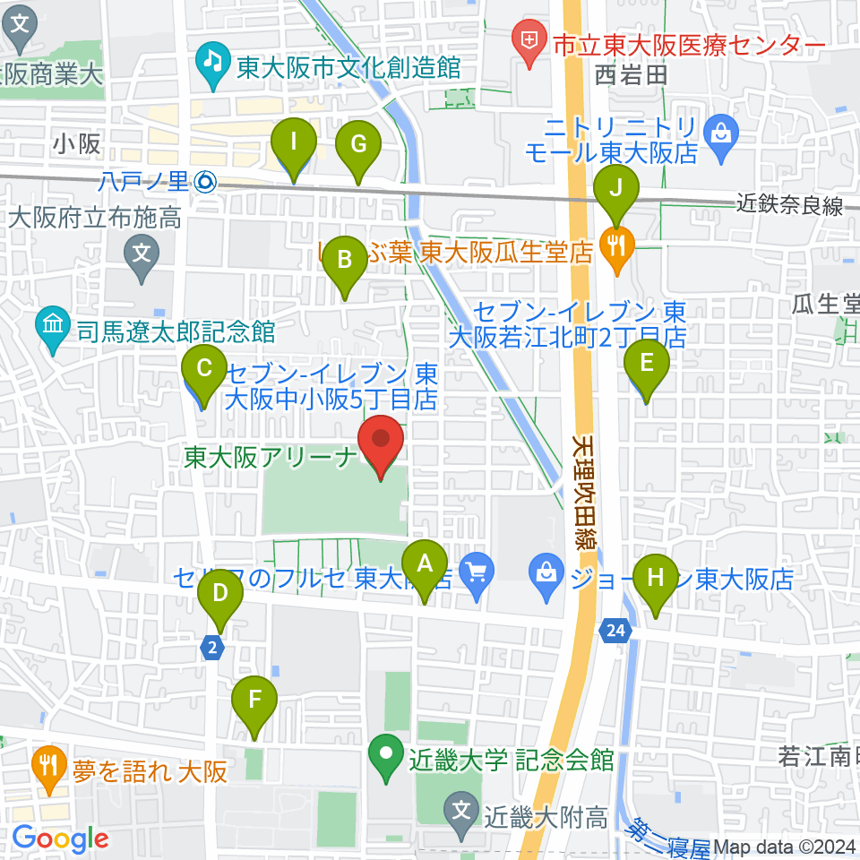東大阪アリーナ周辺のコンビニエンスストア一覧地図
