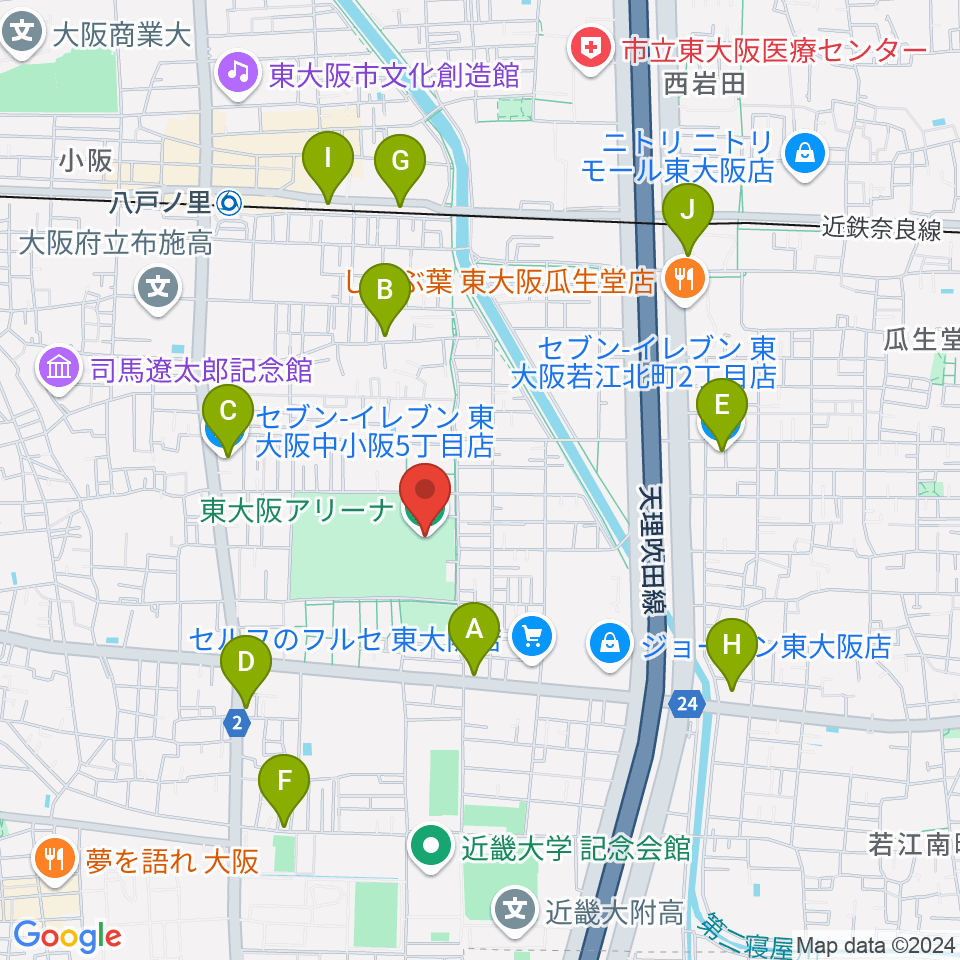 東大阪アリーナ周辺のコンビニエンスストア一覧地図