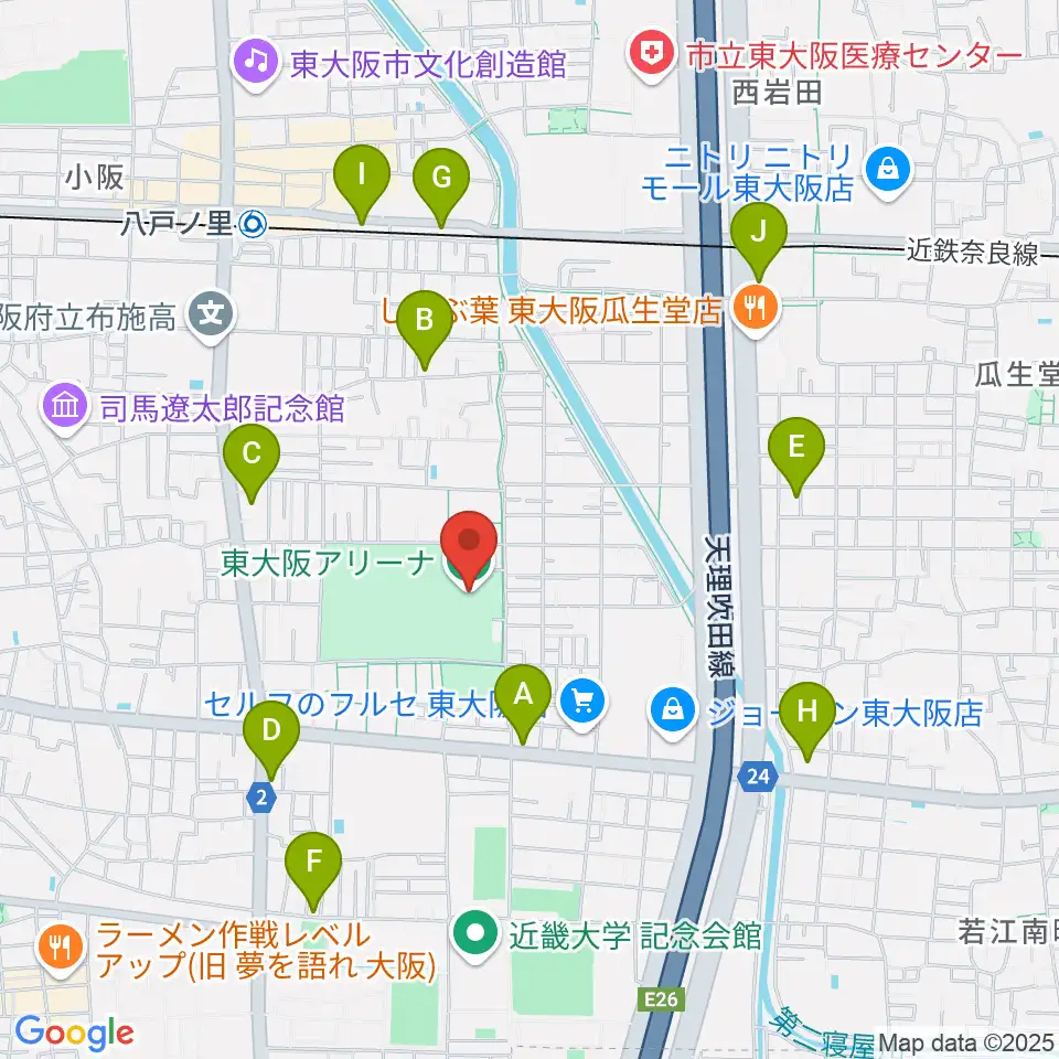 東大阪アリーナ周辺のコンビニエンスストア一覧地図