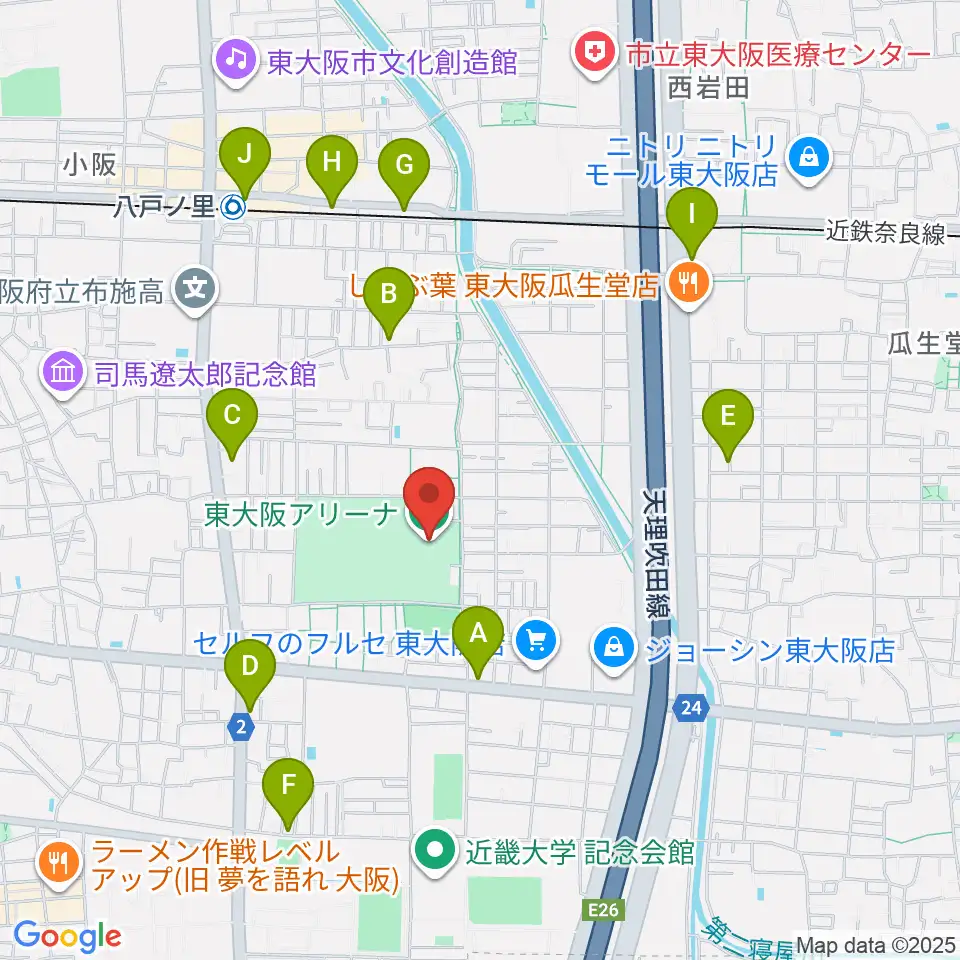 東大阪アリーナ周辺のコンビニエンスストア一覧地図