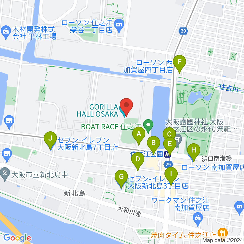 GORILLA HALL OSAKA周辺のコンビニエンスストア一覧地図