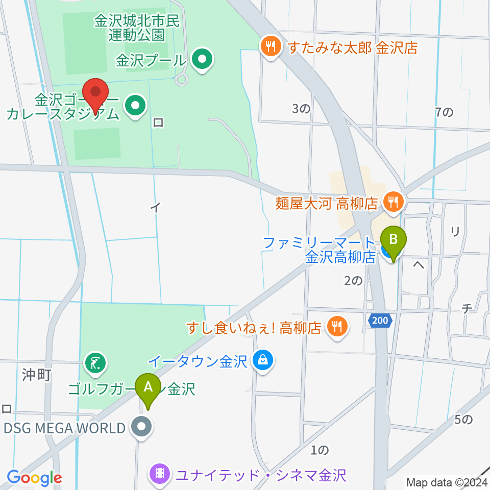 金沢ゴーゴーカレースタジアム周辺のコンビニエンスストア一覧地図