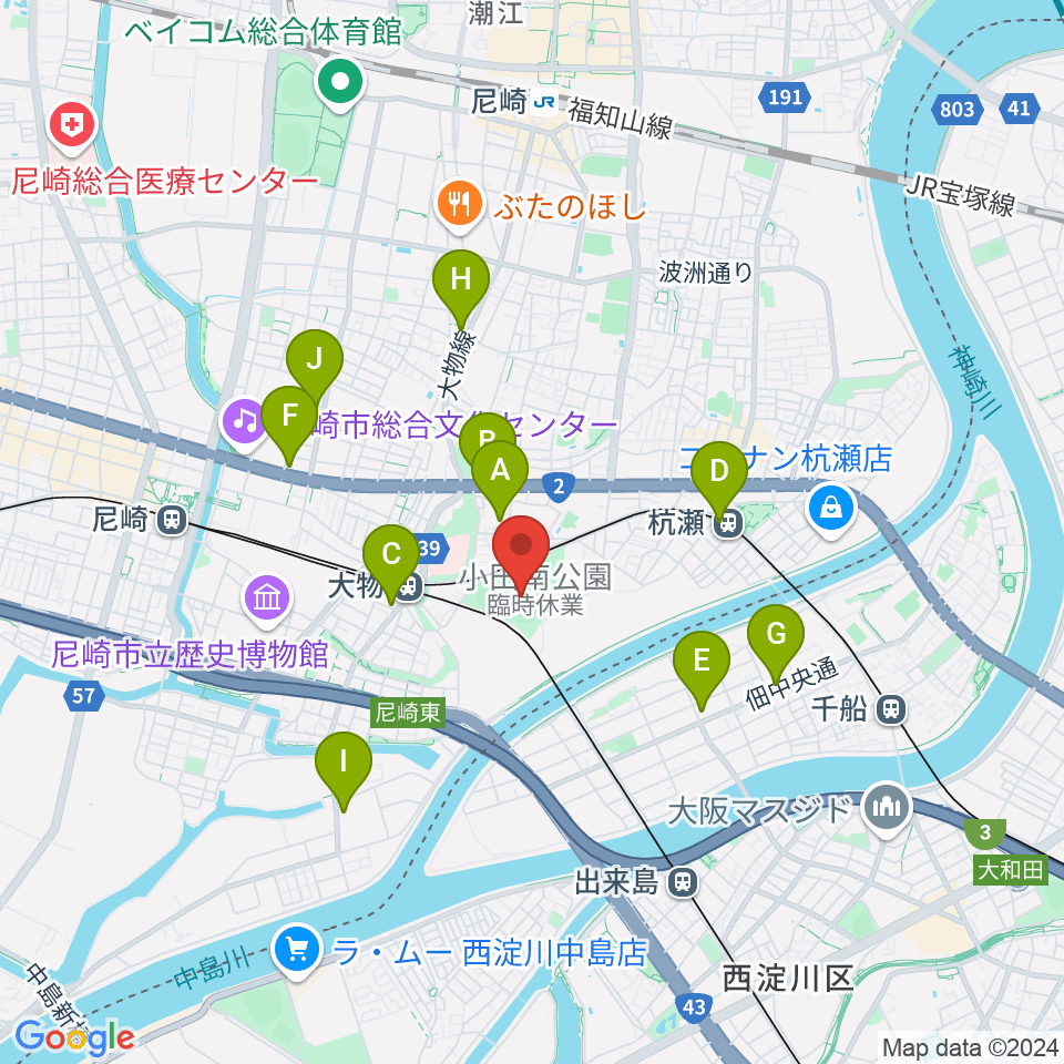 日鉄鋼板SGLスタジアム尼崎周辺のコンビニエンスストア一覧地図