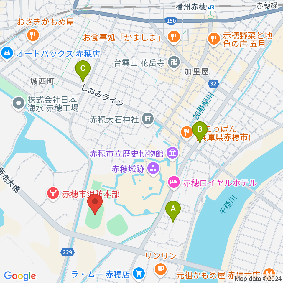 赤穂城南緑地陸上競技場周辺のコンビニエンスストア一覧地図