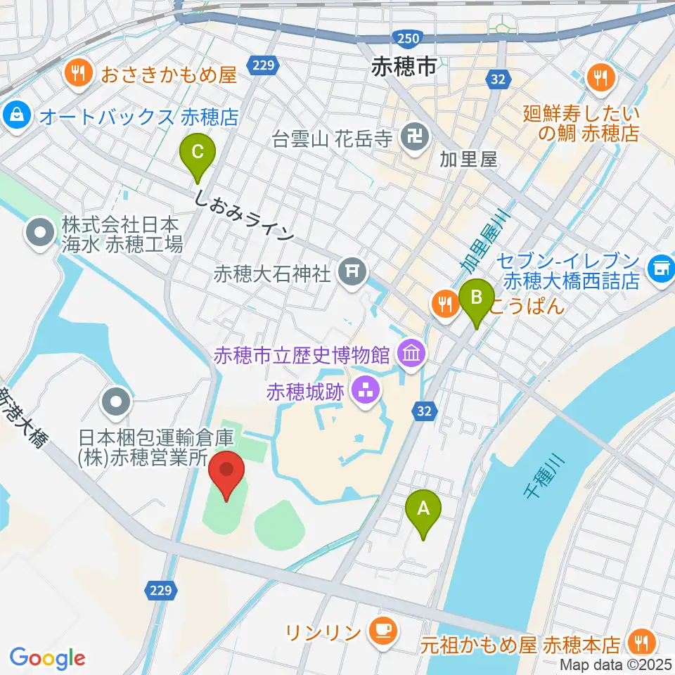 赤穂城南緑地陸上競技場周辺のコンビニエンスストア一覧地図