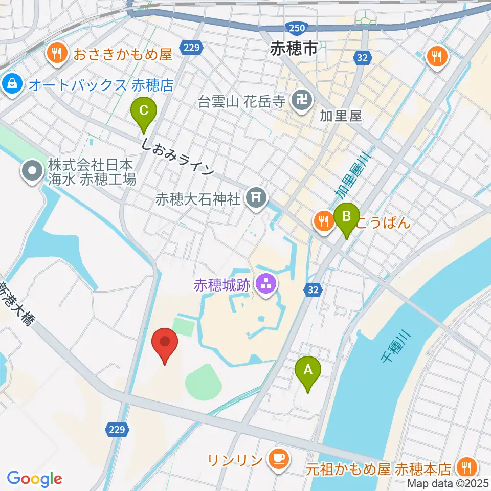 赤穂城南緑地陸上競技場周辺のコンビニエンスストア一覧地図