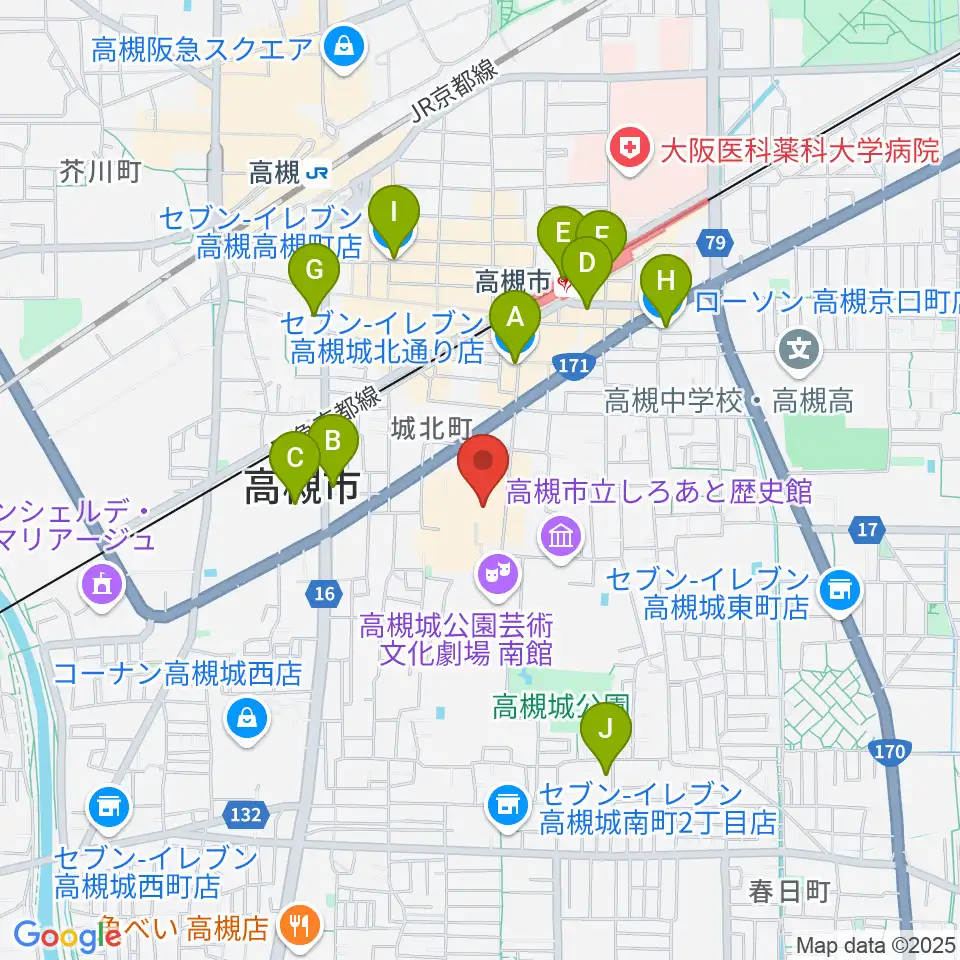 高槻城公園芸術文化劇場 北館周辺のコンビニエンスストア一覧地図