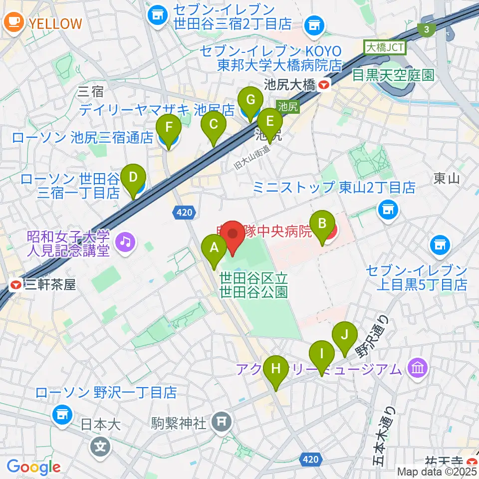 世田谷公園軟式野球場周辺のコンビニエンスストア一覧地図