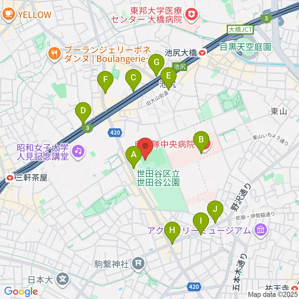 世田谷公園軟式野球場周辺のコンビニエンスストア一覧地図