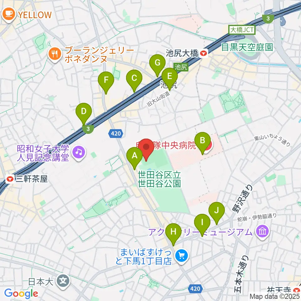 世田谷公園軟式野球場周辺のコンビニエンスストア一覧地図