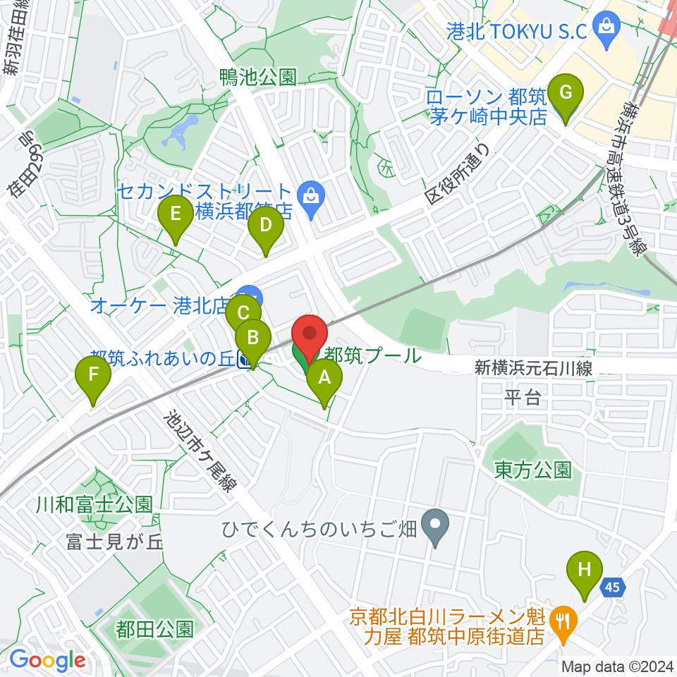 横浜市都筑プール周辺のコンビニエンスストア一覧地図