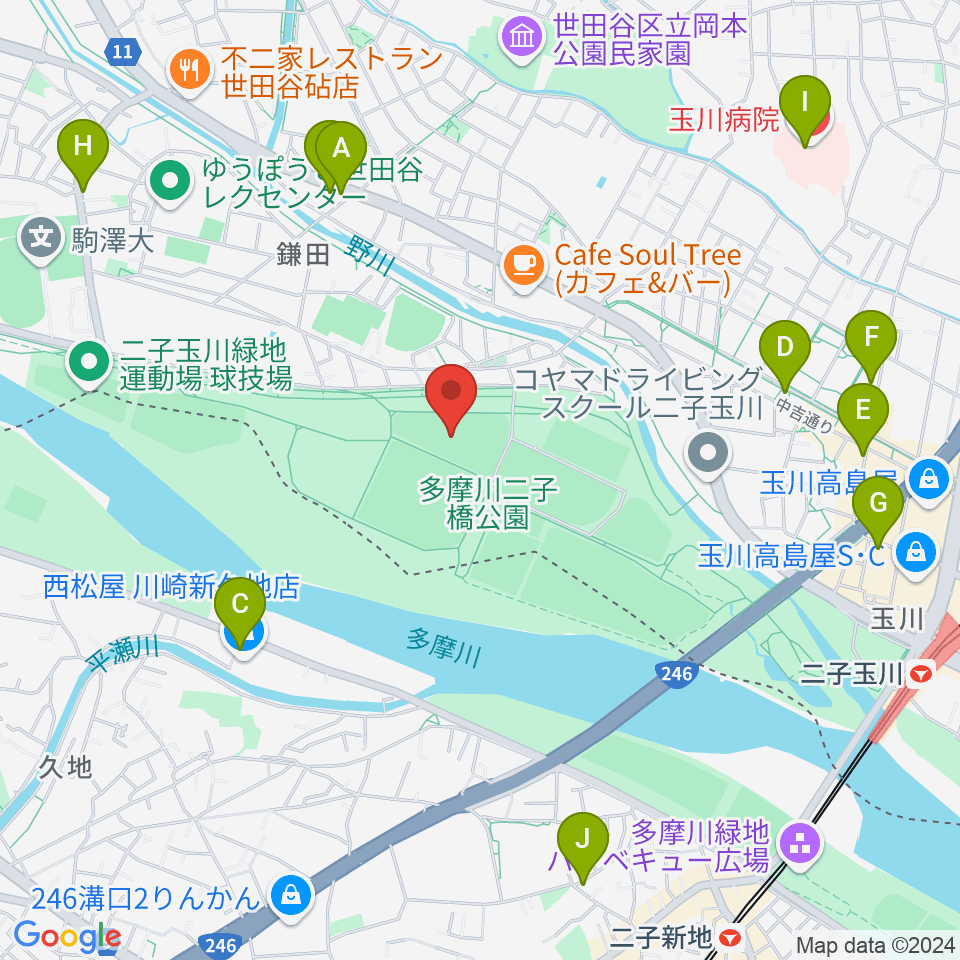 二子玉川緑地野球場周辺のコンビニエンスストア一覧地図