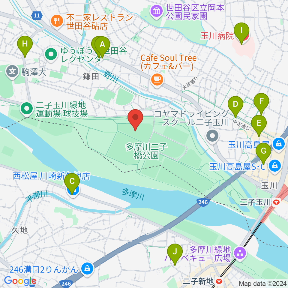 二子玉川緑地野球場周辺のコンビニエンスストア一覧地図