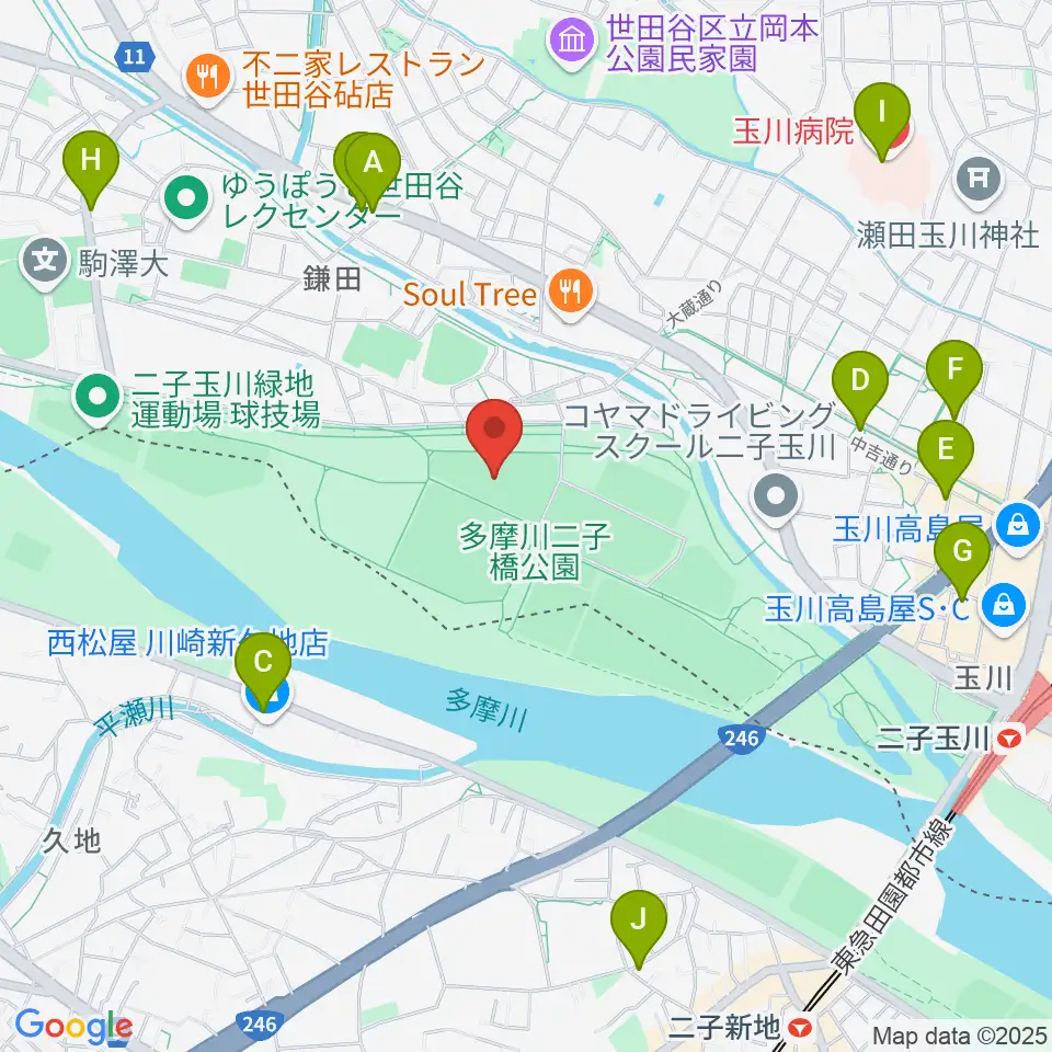 二子玉川緑地野球場周辺のコンビニエンスストア一覧地図