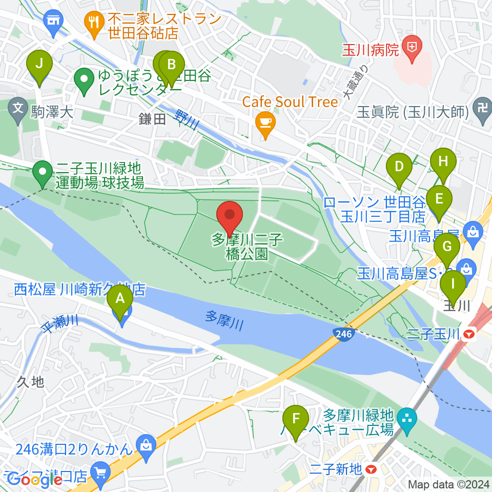 二子玉川緑地球技場・サッカー場周辺のコンビニエンスストア一覧地図