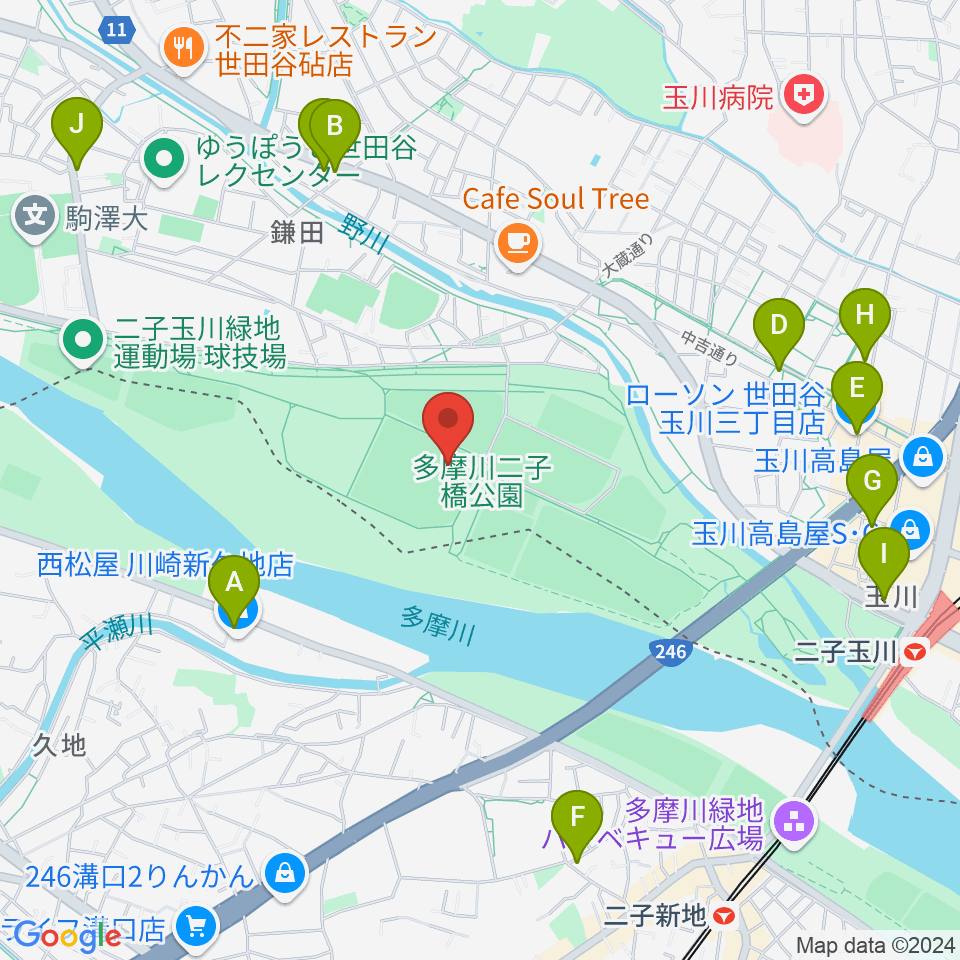 二子玉川緑地球技場・サッカー場周辺のコンビニエンスストア一覧地図