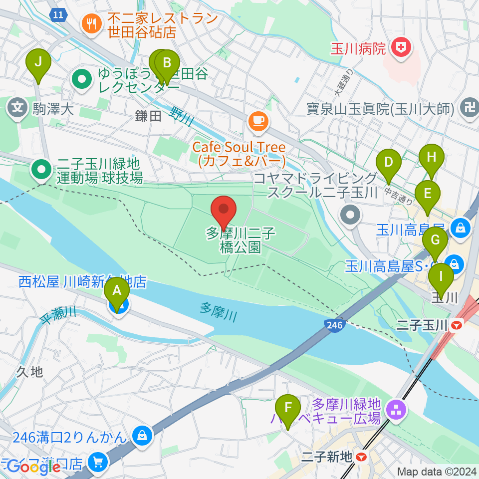 二子玉川緑地球技場・サッカー場周辺のコンビニエンスストア一覧地図