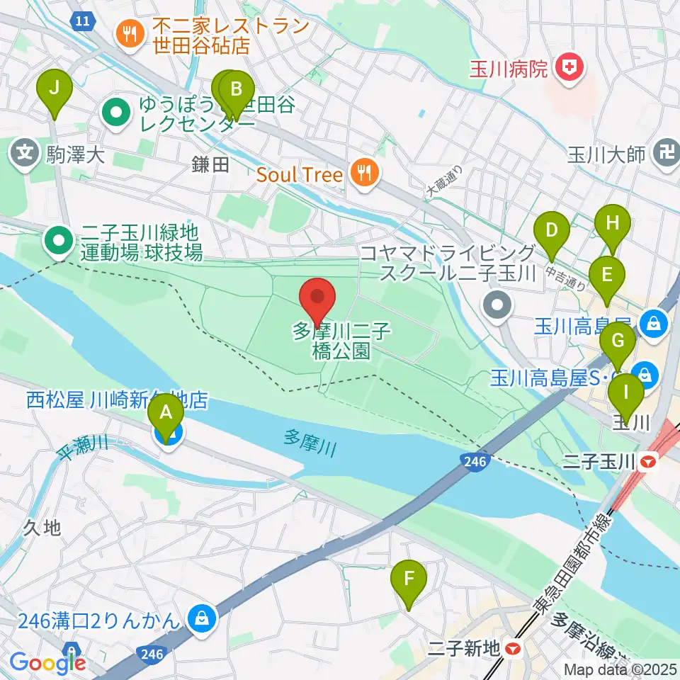 二子玉川緑地球技場・サッカー場周辺のコンビニエンスストア一覧地図