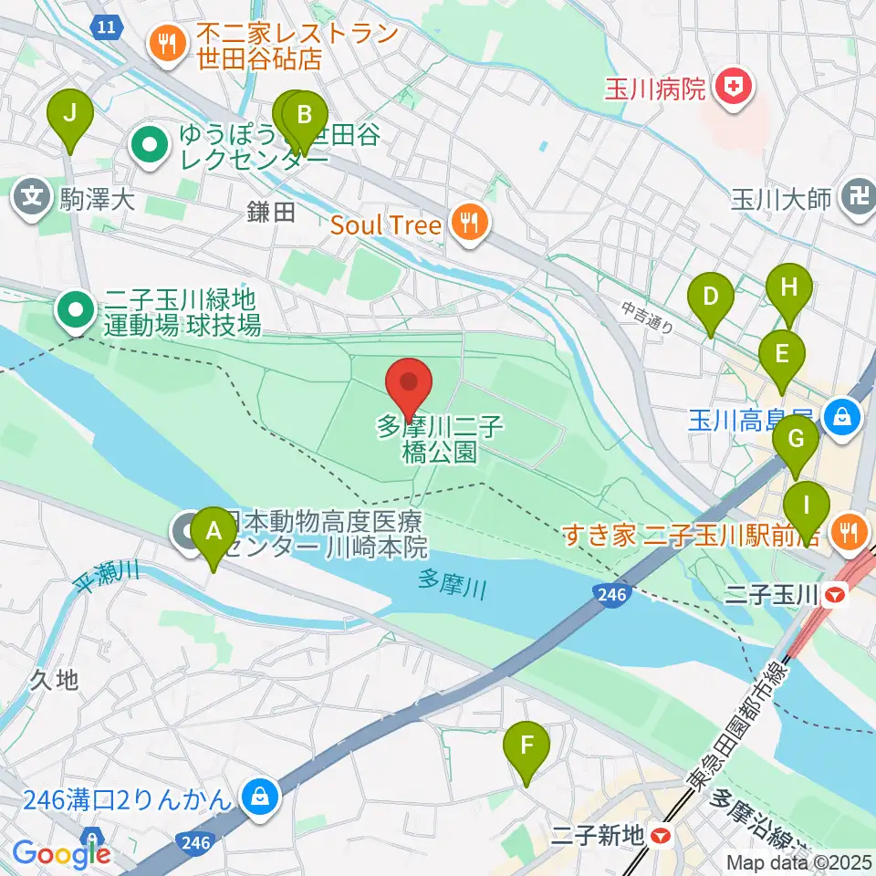 二子玉川緑地球技場・サッカー場周辺のコンビニエンスストア一覧地図