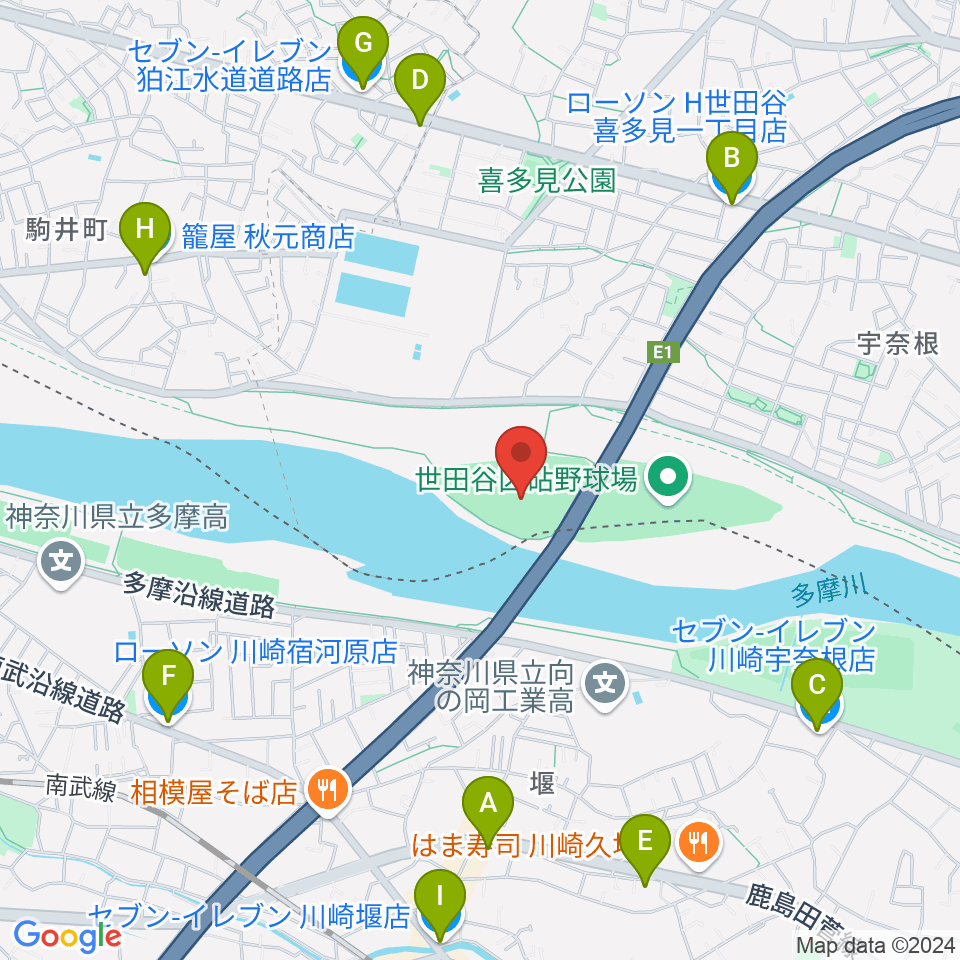 目黒区砧サッカー場周辺のコンビニエンスストア一覧地図