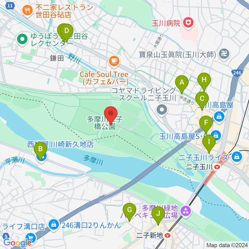 二子玉川区民運動施設周辺のコンビニエンスストア一覧地図