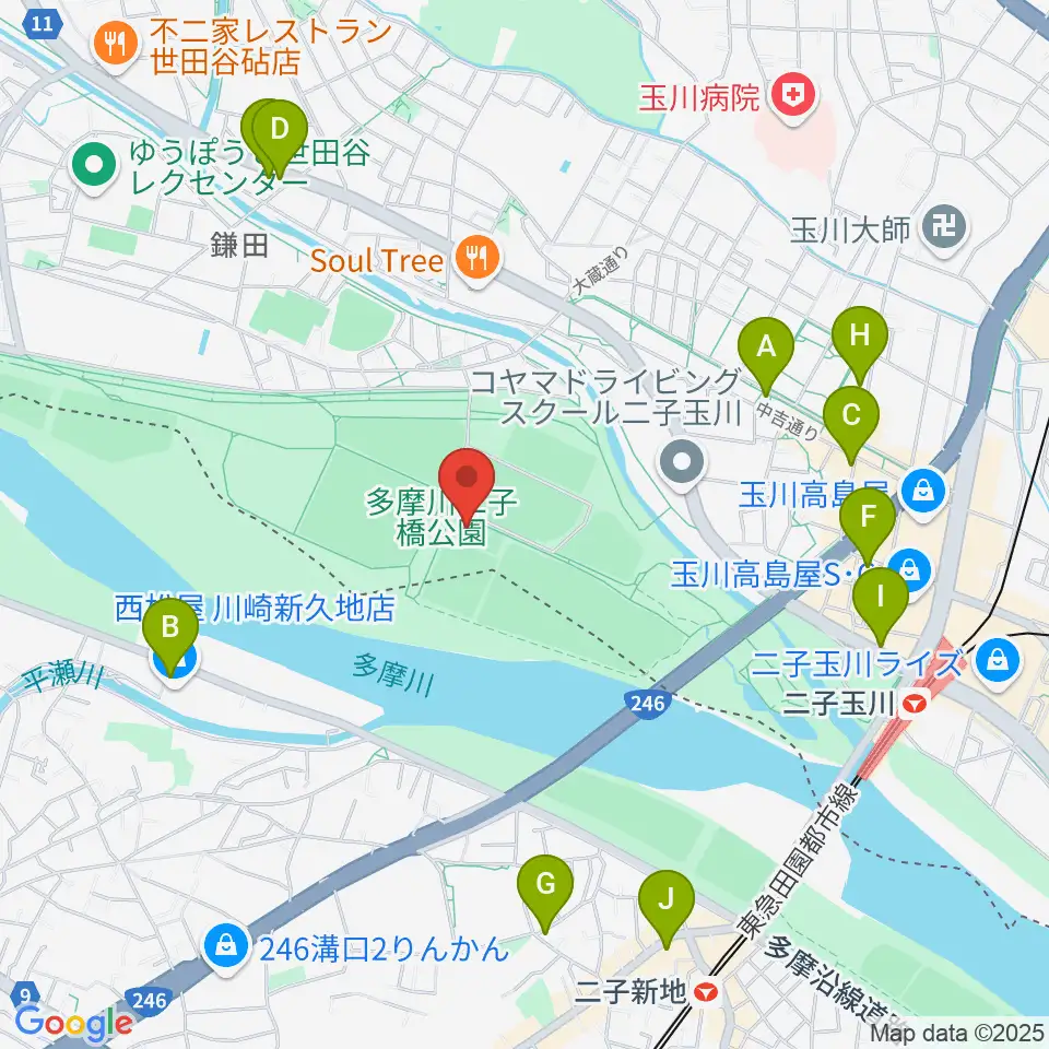 二子玉川区民運動施設周辺のコンビニエンスストア一覧地図
