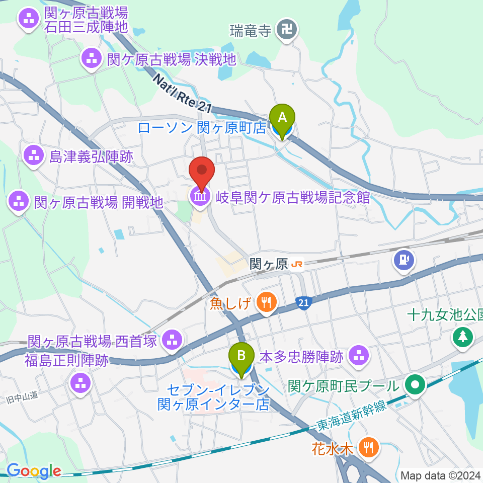 関ケ原町歴史民俗学習館周辺のコンビニエンスストア一覧地図