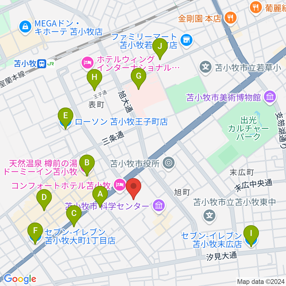 苫小牧市民文化ホール周辺のコンビニエンスストア一覧地図