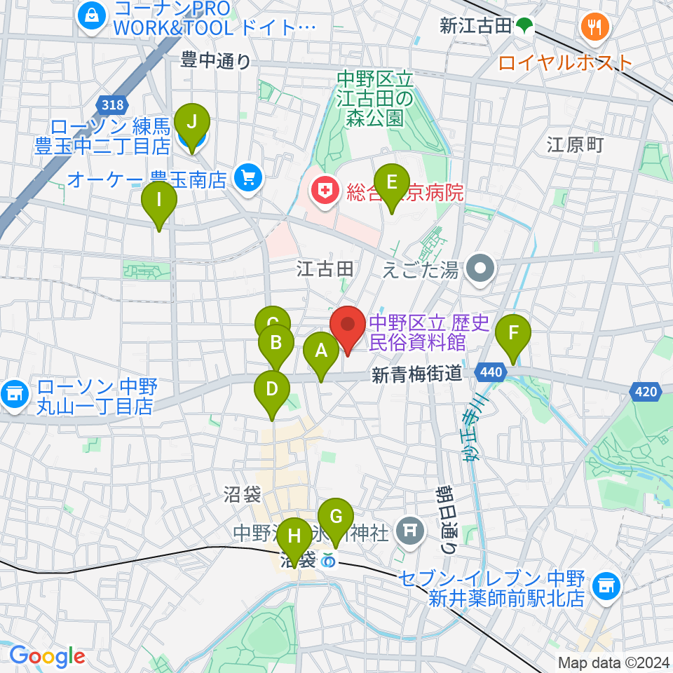 中野区立歴史民俗資料館周辺のコンビニエンスストア一覧地図