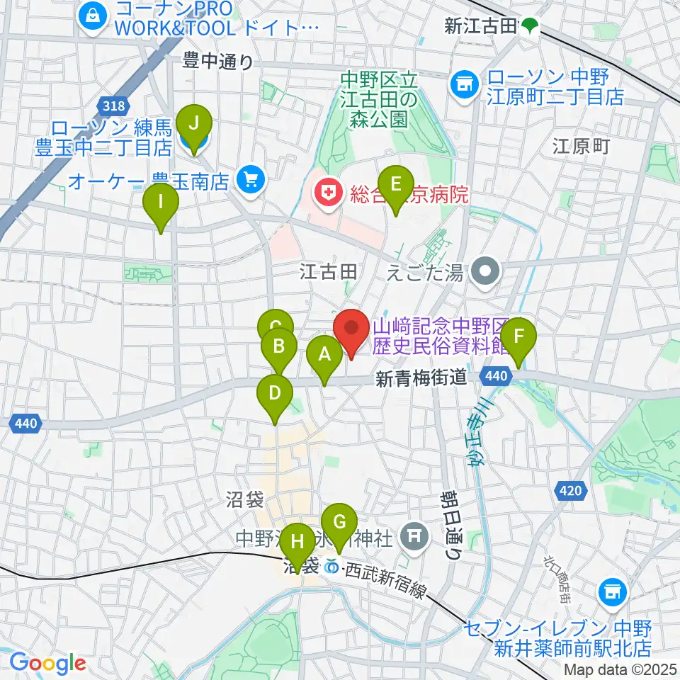 中野区立歴史民俗資料館周辺のコンビニエンスストア一覧地図