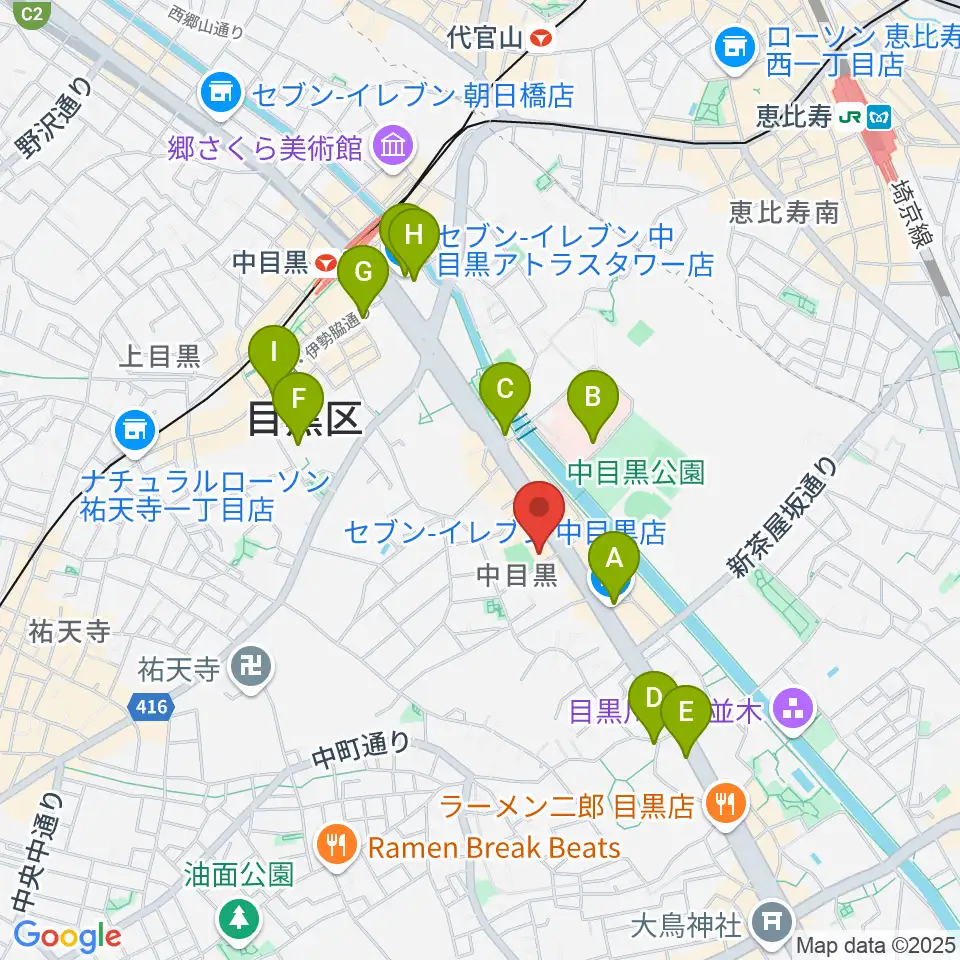 めぐろ歴史資料館周辺のコンビニエンスストア一覧地図