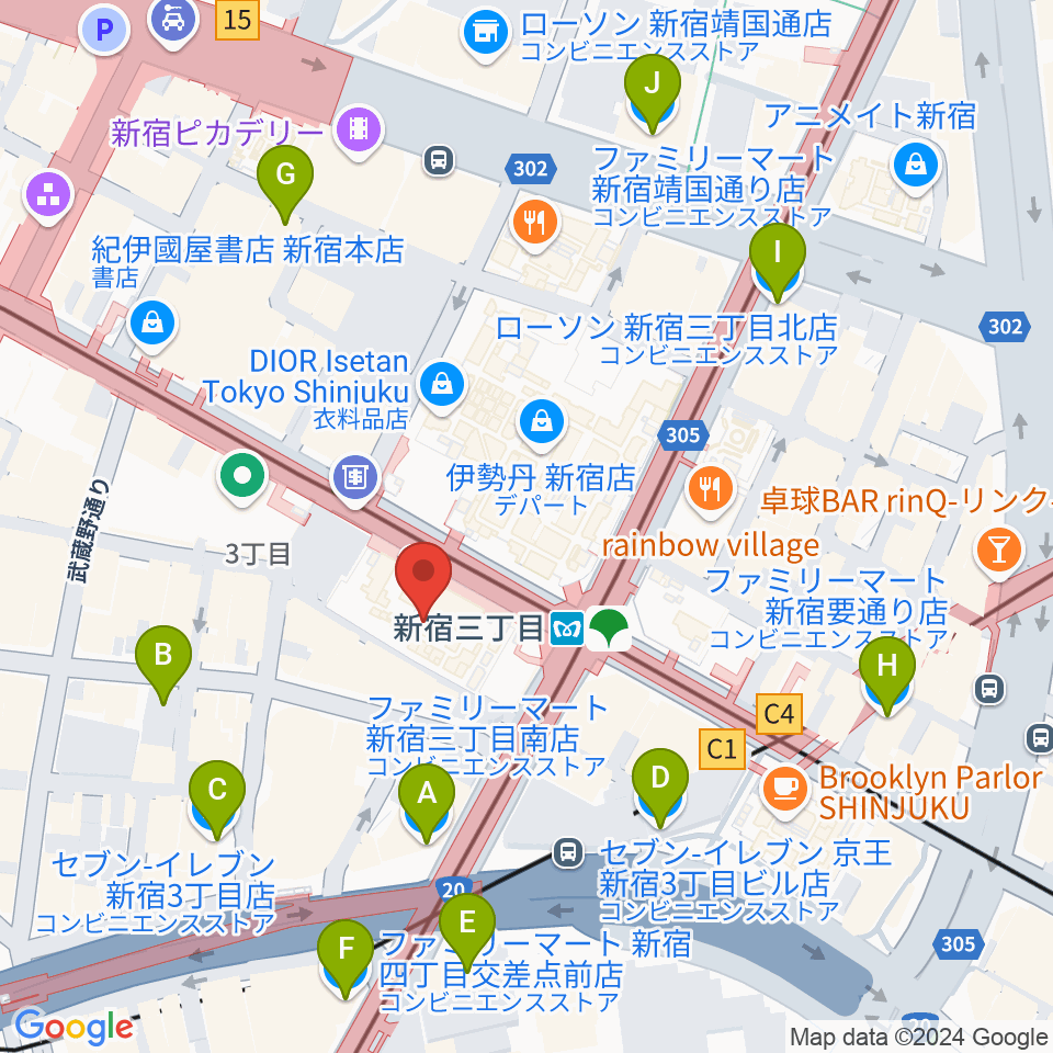 シアターマーキュリー新宿周辺のコンビニエンスストア一覧地図