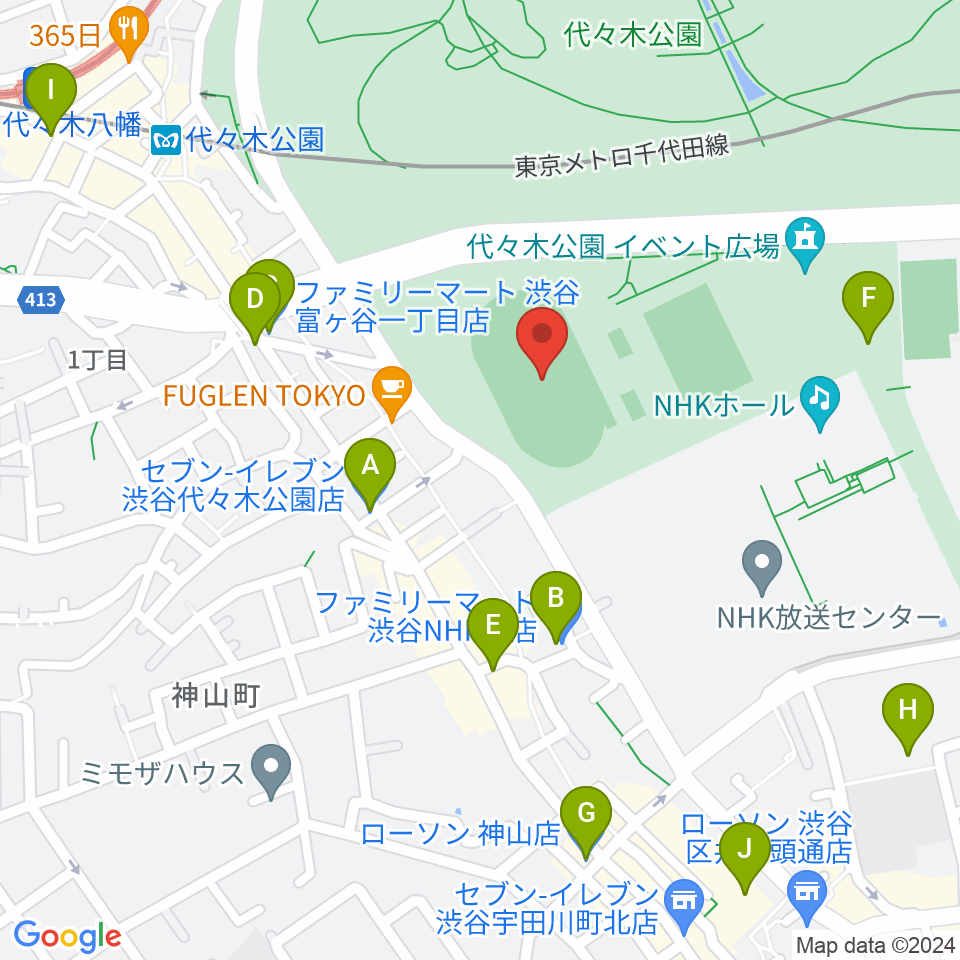 代々木公園陸上競技場周辺のコンビニエンスストア一覧地図