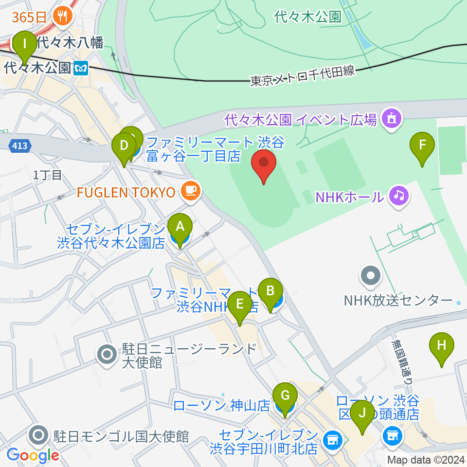 代々木公園陸上競技場周辺のコンビニエンスストア一覧地図