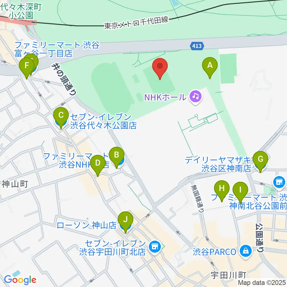 代々木公園球技場周辺のコンビニエンスストア一覧地図